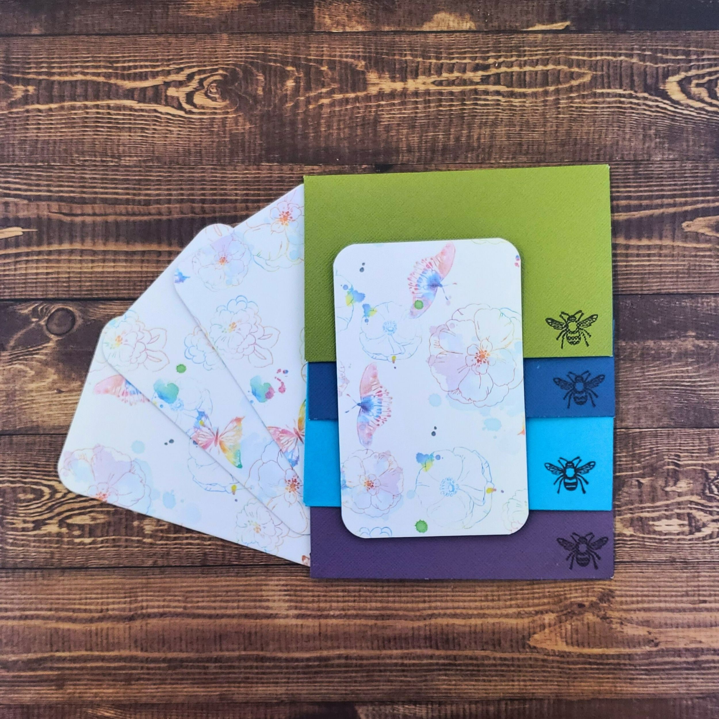 Watercolor Flowers & Butterflies Design Handmade Card & Envelope Set