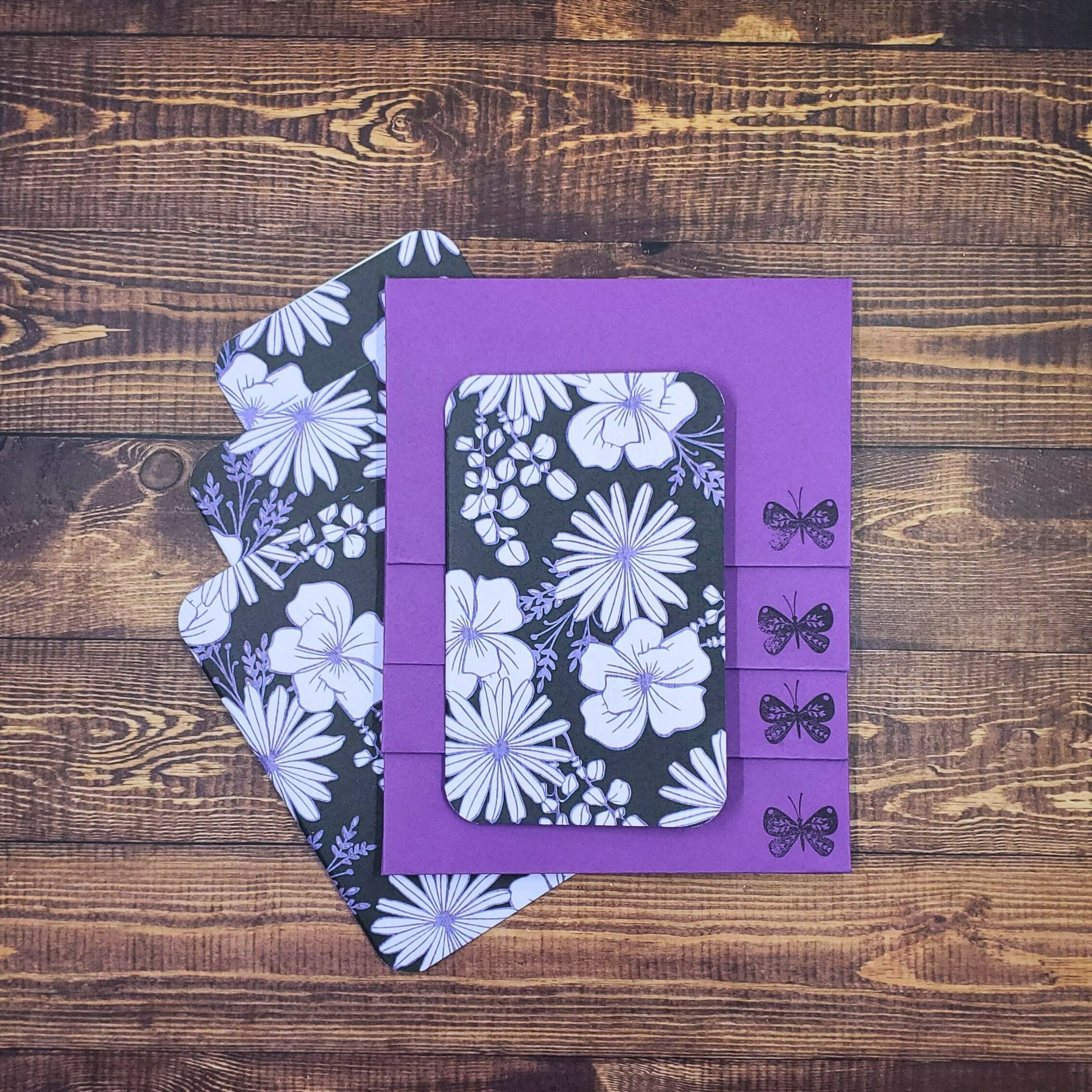 Purple and Black Flowers Design Handmade Card & Envelope Set